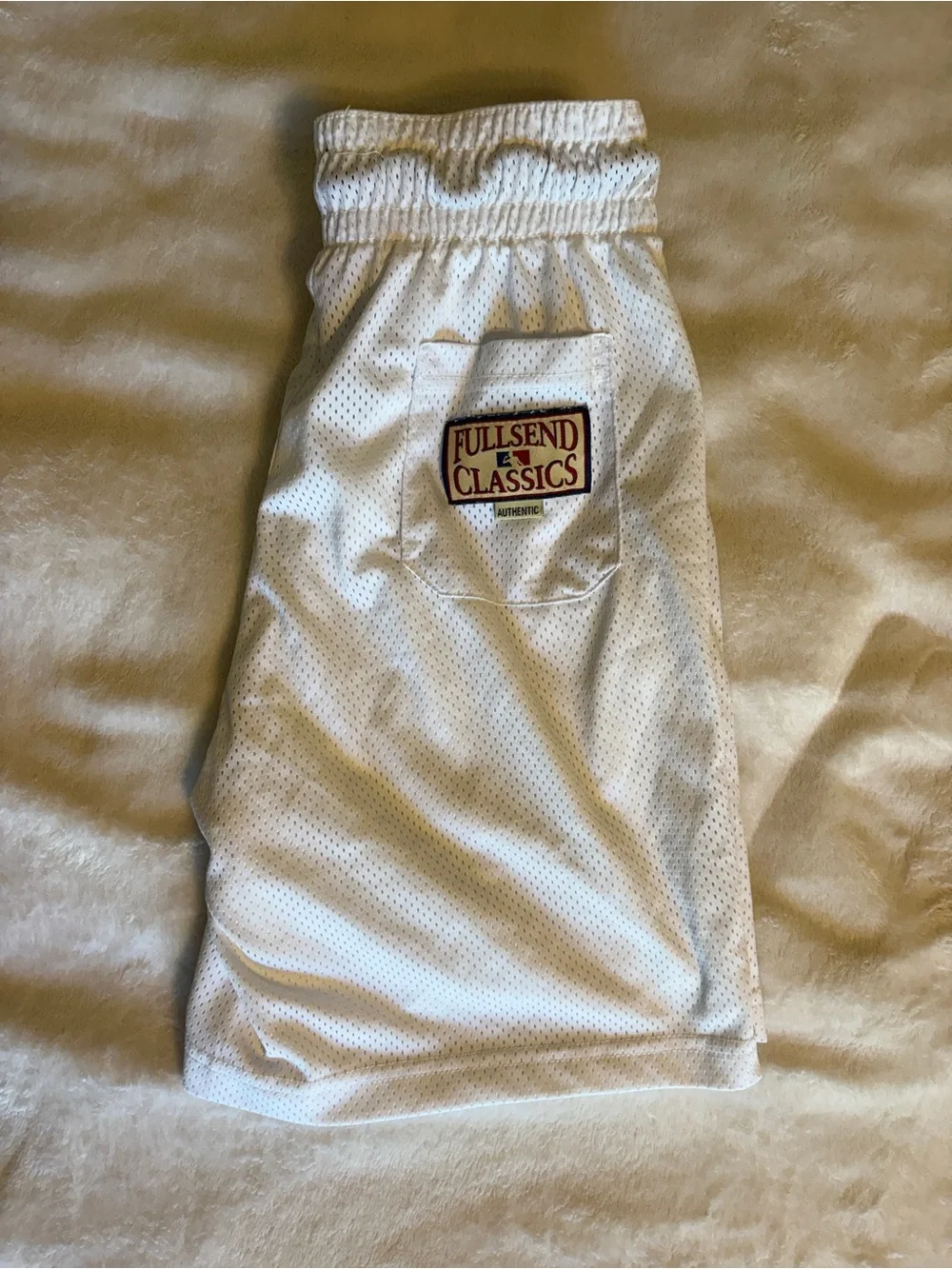 Full Send White 'Senders' Athletic Mesh Shorts with Navy Trim
